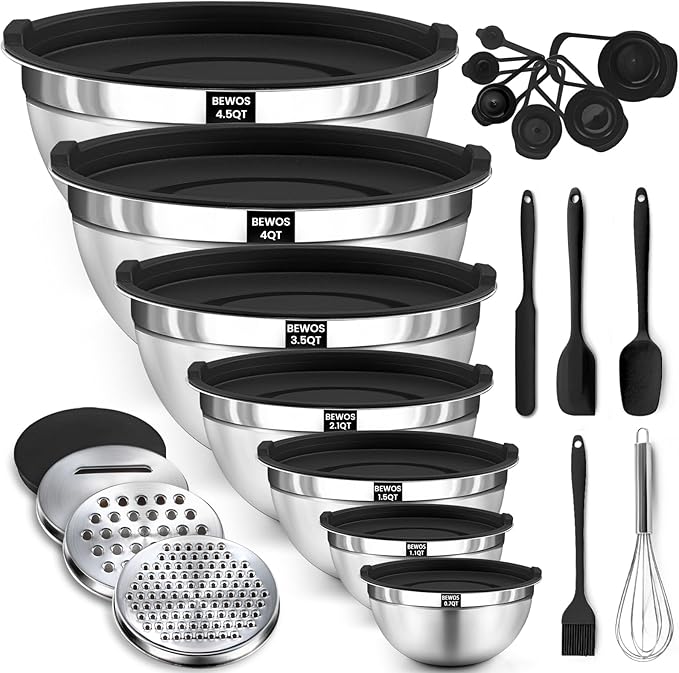 BEWOS 21 Pcs Mixing Bowls with Lids - 7 Stainless Steel Bowls, 3 Graters, 11 Practical Kitchen Accessories, Dishwasher Safe, Ideal for Baking, Meal Prep & On-the-Go, Easy to Store