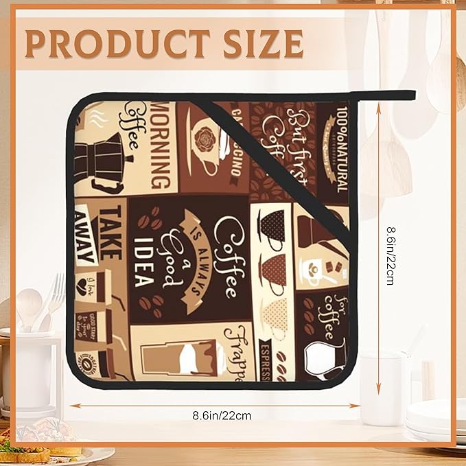 2PCS Brown Coffee Pot Holder with Loop,Vintage Latte Heat Resistant Oven Pads, Hot Pat for Kitchen Cooking Baking Food
