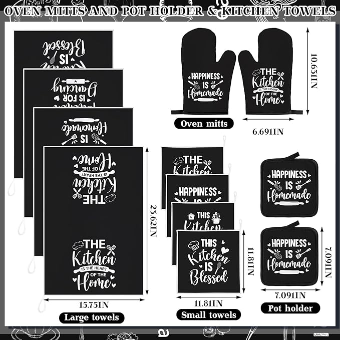 12 Pcs Farmhouse Kitchen Decor and Accessories Sets 4 Black Kitchen Towels 4 Absorbent Dishcloths 2 Pot Holders 2 Oven Mitts Gloves for Home Decorations Mom Gifts