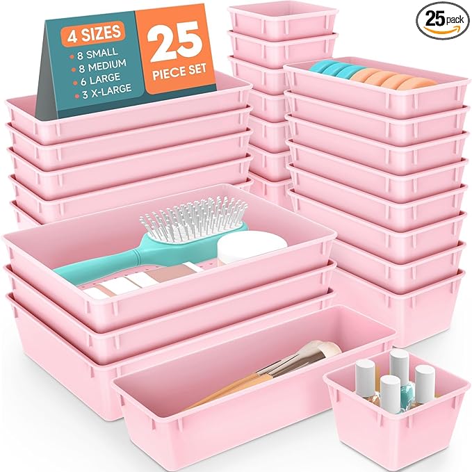 SpaceHacks 25 PCS Plastic Drawer Organizer Set, 4-Size Versatile Organizer Trays & storage Bins for Makeup, Jewelry, and Gadgets in Bathroom, Bedroom and Office, Pink
