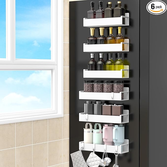 HuggieGems 6 Pack Magnetic Spice Rack Organizer for Refrigerator and Oven, White Fridge Organizers and Storage for Kitchen