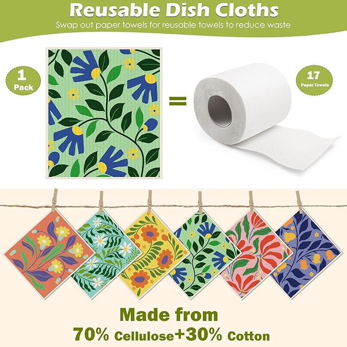 6 Packs Swedish Paper Cloths for Kitchen, Reusable Paper Towels Washable Dish Rags, Highly Absorbent Kitchen Towels Quick Drying Swedish Sponge Cleaning Dish Cloths(Bright Abstract Floral)