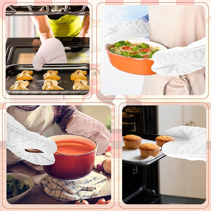 6 Pairs Heat Resistant Oven Mitts Kitchen Oven Gloves 11 Inch Long Quilted Cotton Polyester Kitchen Gloves for Cooking, Baking, Grilling BBQ (White)