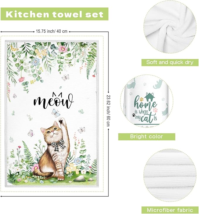 Cute Cat Spring Summer Microfiber Kitchen Towels, Soft Absorbent Hand Towel 15.7 × 23.6 Inch, Thick Dish Cloth for Party Anniversary Holiday Decoration, Housewarming Gifts for Mom