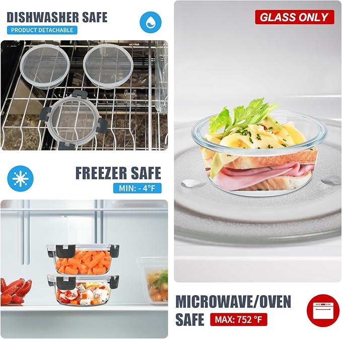 6Pack 13oz Glass Meal Prep Containers, Small Round Glass Food Storage Containers Sets with Snap Leak Proof Lids for Microwave, Freezer and Dishwasher Safe (Grey, 13oz)