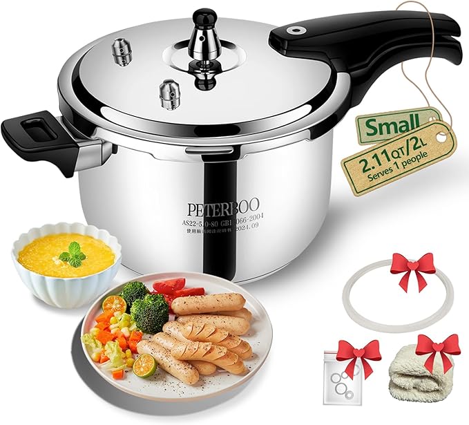 Small Stainless Steel Pressure Cooker 2Quart Mini Size, Ideal for Side Dishes, Grains & Camping,2-3Quart Compact Design, Fast & Safe for Small Families 2qt+