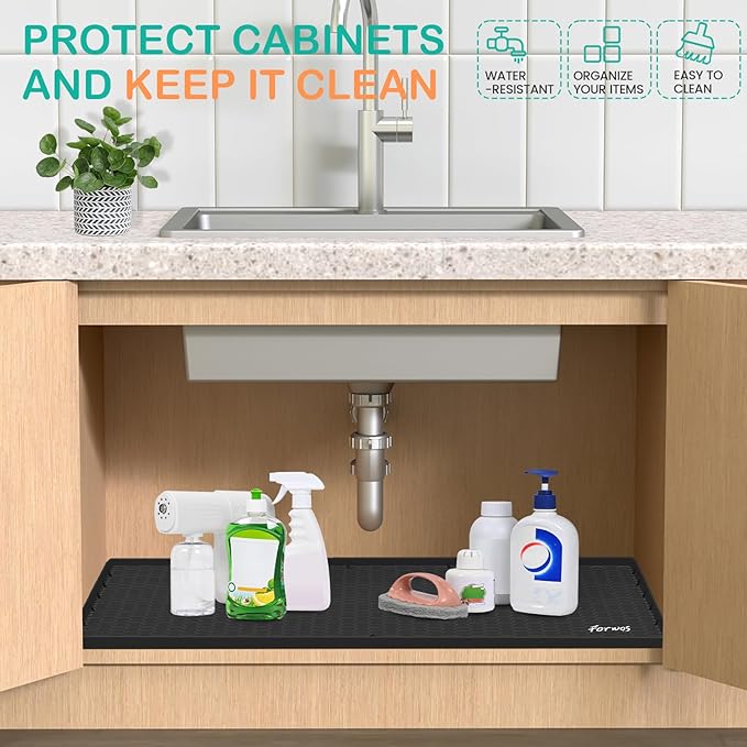 Waterproof Under Sink Mat 22" x 19", Silicone Cabinet Liner, Rubber Protector for Kitchen and Bathroom, Keeps Cabinets Clean, Dry, and Organized (Black)