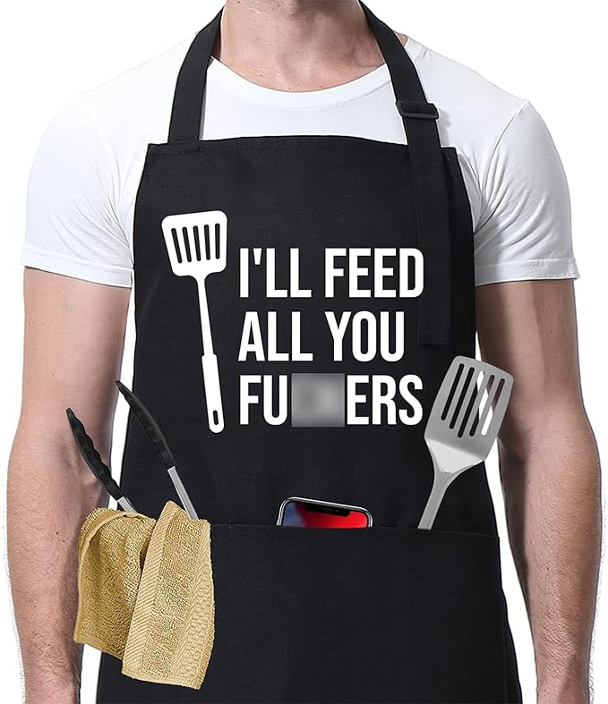 Miracu Funny Cooking Aprons for Men Women, Funny Dad Gifts for Mens Father, Mom - Mothers, Fathers Day, Birthday Gifts for Daddy Step Brother Boyfriend Husband, Cool BBQ Grilling Kitchen Chef Apron