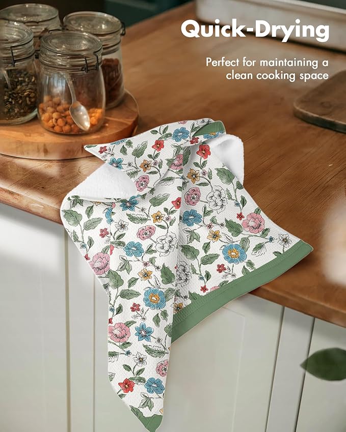 Miss Adola 2pcs Waffle Kitchen Towels - 16x26 Inch Cotton Waffle Weave Dish Cloths Set of 2 with Hanging Loop Absorbent Hand Tea Towels Elegant Design for Housewarming Gift, Vibrant Botanical