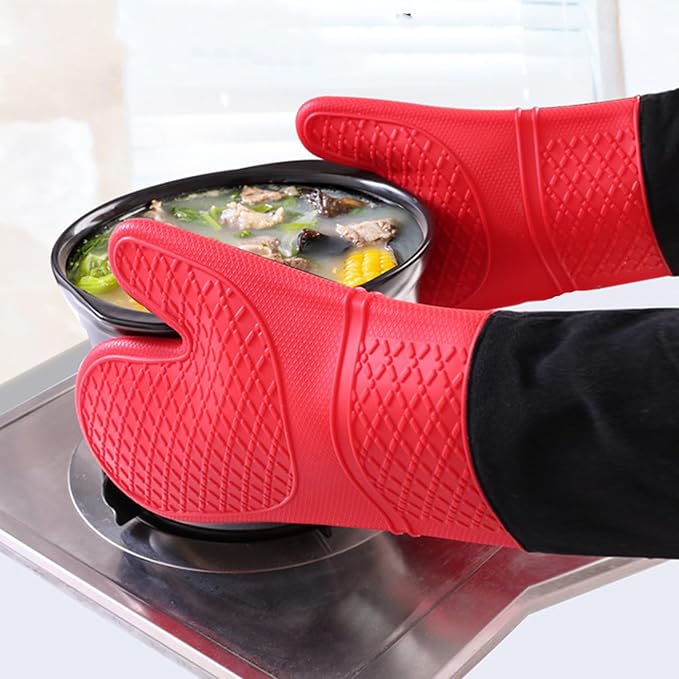 Linwnil Extra Long Silicone Oven Mitts Heavy Duty Commercial Grade Oven Mitts Heat Resistant BBQ Gloves with Quilted Cotton Lining 2 Pack (Red)
