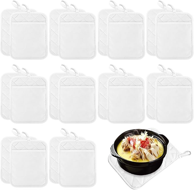 Hoolerry 10 Pieces Pot Holders with Pocket Sublimation 7x9'' Cotton Oven Pot Holders Bulk with Hanging Loops Pads for Kitchen Cook Baking (White)