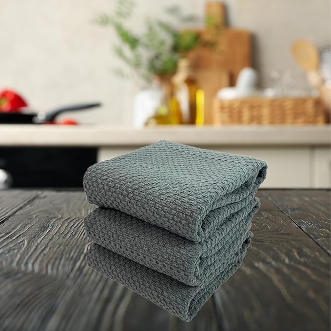 Serafina Home Dark Grey Gray Kitchen Hand Dish Towels: Oversized 28" x 18",100% Cotton Cloth Soft Cleaning Drying Absorbent Textured Design, Set of 3 Multipurpose for Everyday Use (Dark Grey)