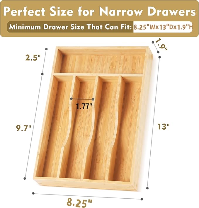 Upassion Bamboo Kitchen Drawer Organizer, 8.25 Inch Silverware Utensil Holder for Samll Drawer, Silverware Organizer for Cutlery Knives, Natural