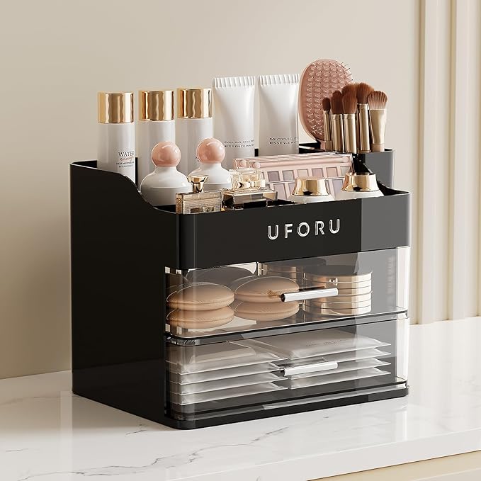 Makeup Organizer for Vanity with Brush Holder, Countertop Skincare Organizer with 2 Drawers, Spacious Cosmetic Display Case for Perfumes, Cologne, Shaving Lotion