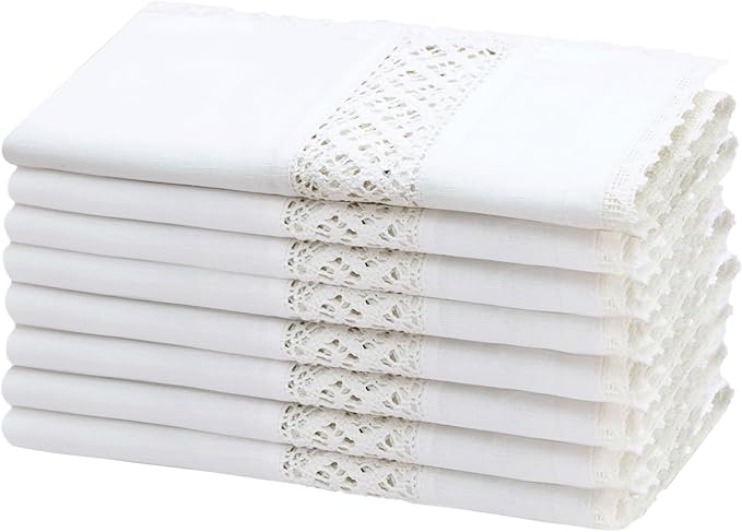 COTTON CRAFT Cloth Napkins with Lace - Set of 8 Elegant Everyday Fall Harvest Thanksgiving Holiday Table Lunch Dinner Napkins - 100% Cotton Soft Washable Reusable Serviette - 17x17 inches - White