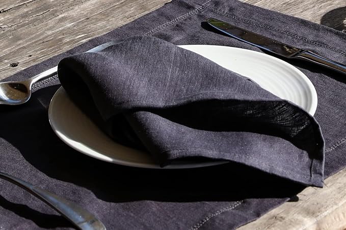 100% Pure Linen Dinner Cloth Napkins 15 x 15 Inch Charcoal Grey - Set of 6 Pack European Flax Natural Fabric Washable for Home and Kitchen