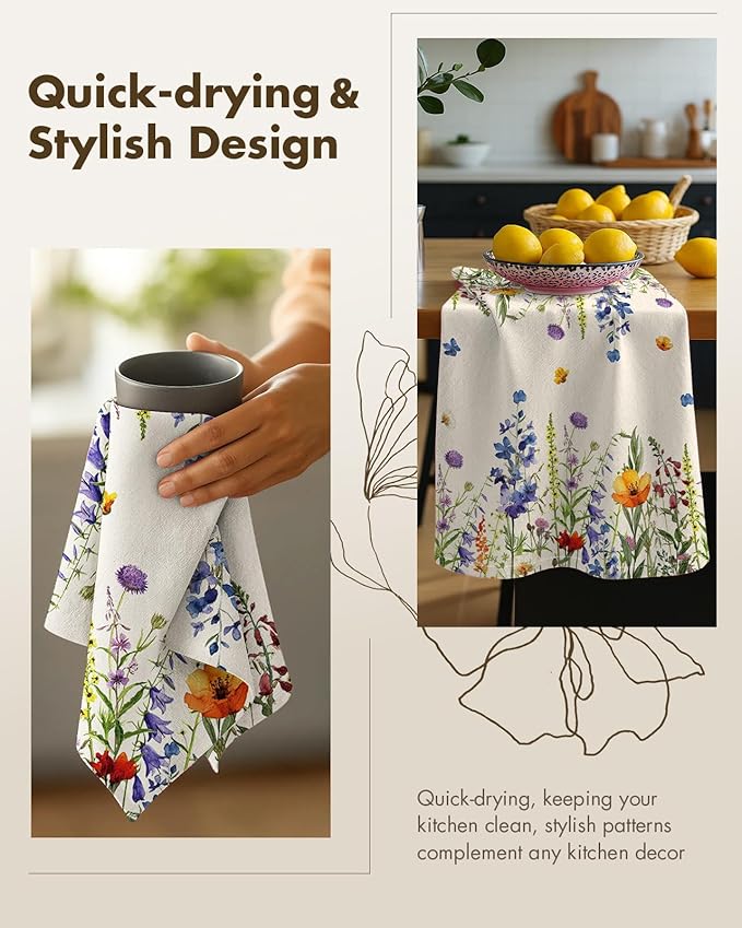 Miss Adola Flour Sack Kitchen Towels - Set of 2 Cotton Dish Towels with Hanging Loop Decorative 18x26 Inch Absorbent Cute Design for Housewarming Gifts, Floral Leaf
