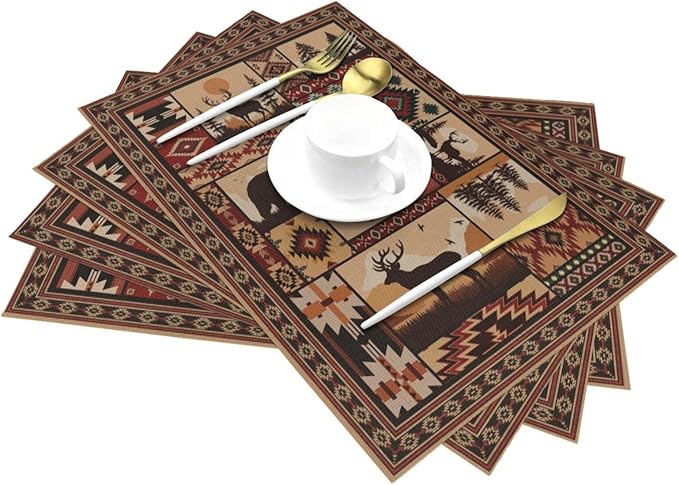Rustic Brown Wildlife and Tribal Pattern Linen Placemats Set of 4, Heat Resistant Cute Bear Deer Table Mats for Dining Table Kitchen Party Cabin, Vintage Home Decor & Gifts for Outdoor Nature Lovers