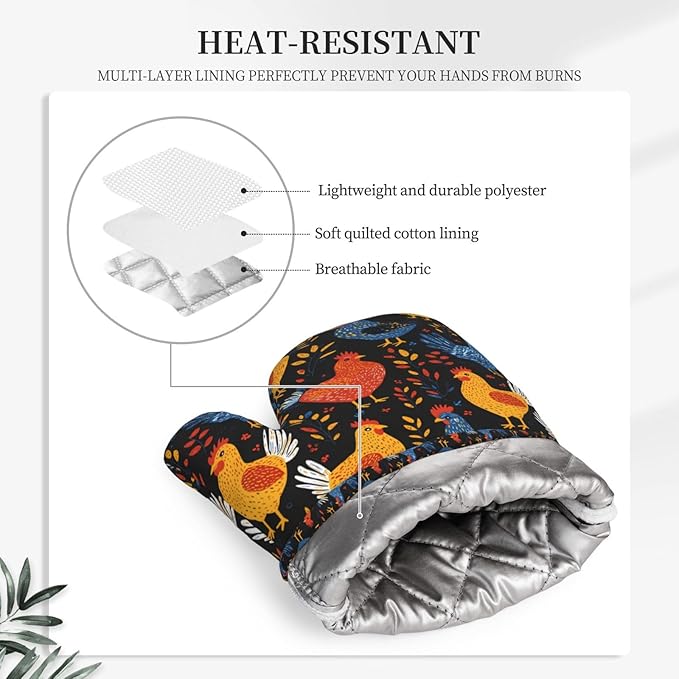 Chicken Silicone Oven Mitts Set of 2, Heat Resistant up to 500°F, Kitchen Oven Gloves with Non-Slip Grip and Soft Cotton Lining for Baking, Cooking and BBQ