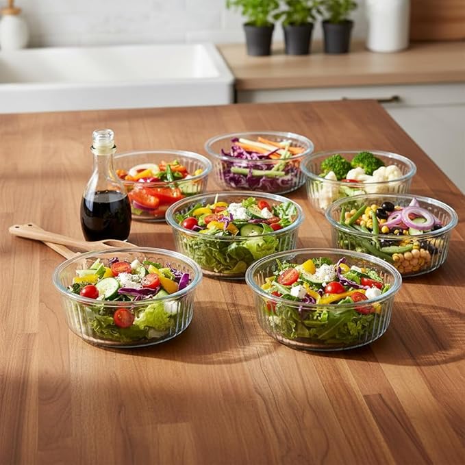H.JSS WDJS 1.5 cup Round Glass Food Containers with Lids and Spoon, 12oz Small Glass Lunch Storage Containers, Small Round Meal Prep Bowls for Office, Outdoor. Microwave, Freezer, Dishwashe safe