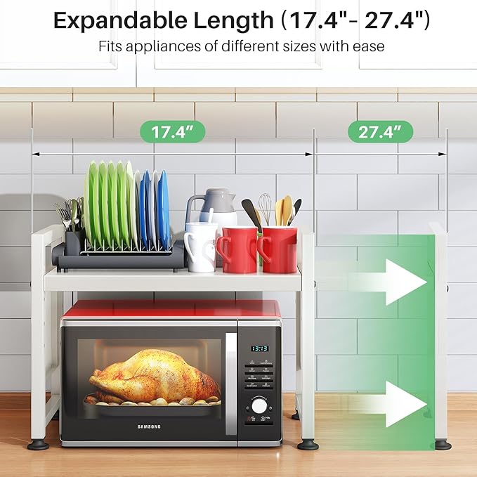 Microwave Stand, 2-Tier Expandable(17.4"-27.4") Microwave Oven Rack, Heavy Duty Adjustable Shelf with 9 hooks, Kitchen Organizer Storage Shelves for Pantry, Countertop, Coffee Bar, Office, Dorm, White