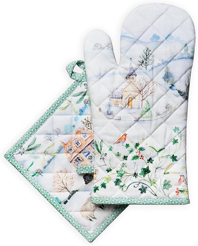 Maison d' Hermine 100% Cotton Oven Mitt & Pot Holder Set (7.5"x13" & 8"x8") Heat Resistant BBQ Cooking Gloves with Loop for Thanksgiving Christmas Decorations Handling Hot Pans (Snowy World)