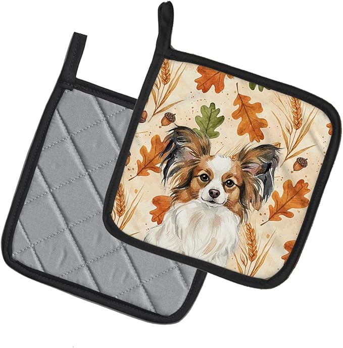 Caroline's Treasures White with Sable Papillon Heirloom Fall Pair of Pot Holders Pair 7.5x7.5 Quilted Insulated Hot Pads Decorative Kitchen Gift Made in USA