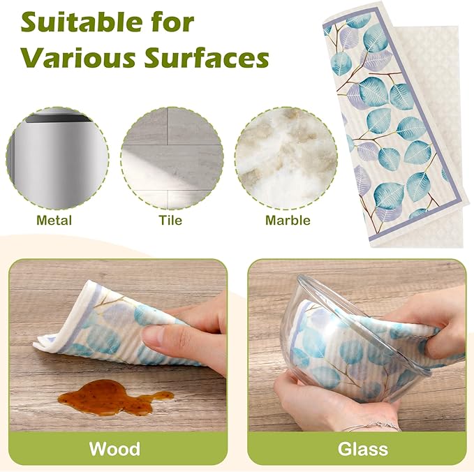6 Packs Swedish Paper Cloths for Kitchen, Reusable Paper Towels Washable Dish Rags, Highly Absorbent Kitchen Towels Quick Drying Swedish Sponge Cleaning Dish Cloths(Eucalyptus Leaves)