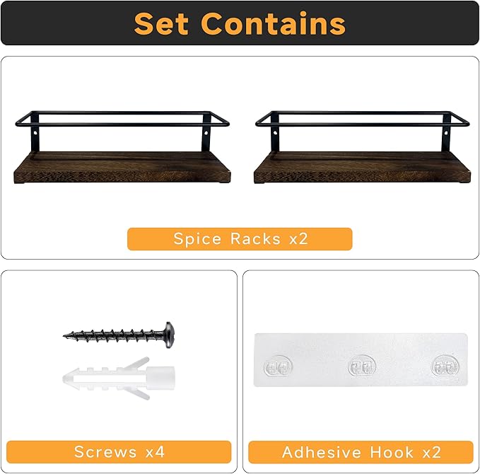 2-Tier Wall Mount Spice Rack Organizer - Screw/Adhesive Mount, Black Metal & Wood Spice Storage for Kitchen Pantry Cabinet, 11.6”L x 2.4”W x 3.2”H,Spice Jars Not Included