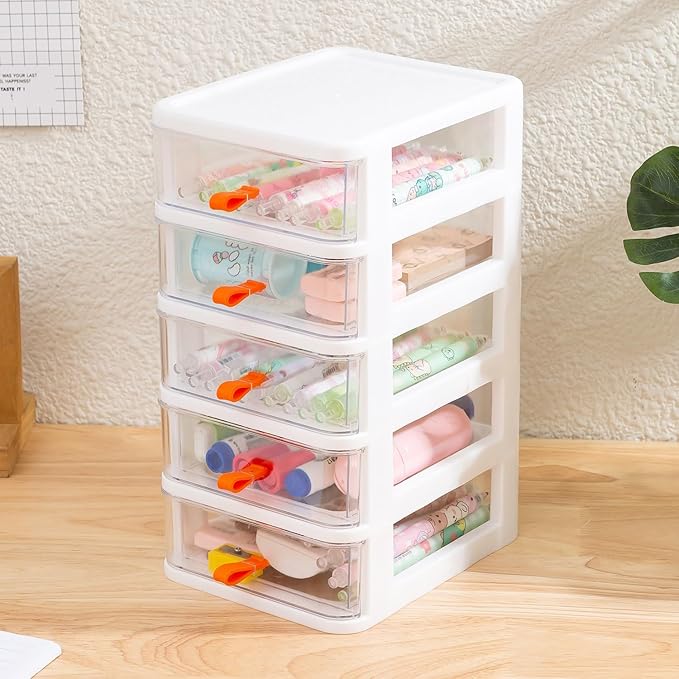 Gagee 5 Drawer Mini Stackable Storage Drawers,Plastic Dressers with Drawers for Arts and Crafts, Small Tools, Sewing Accessories, Stationary, and Hardware,Clear/White Frame