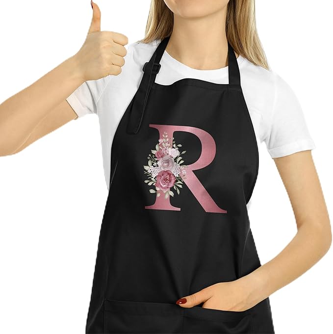 ROKO CLOTHING Personalized Initials Apron with Pockets Custom Kitchen Aprons Women for Baking Cooking Adjustable Neck Waist