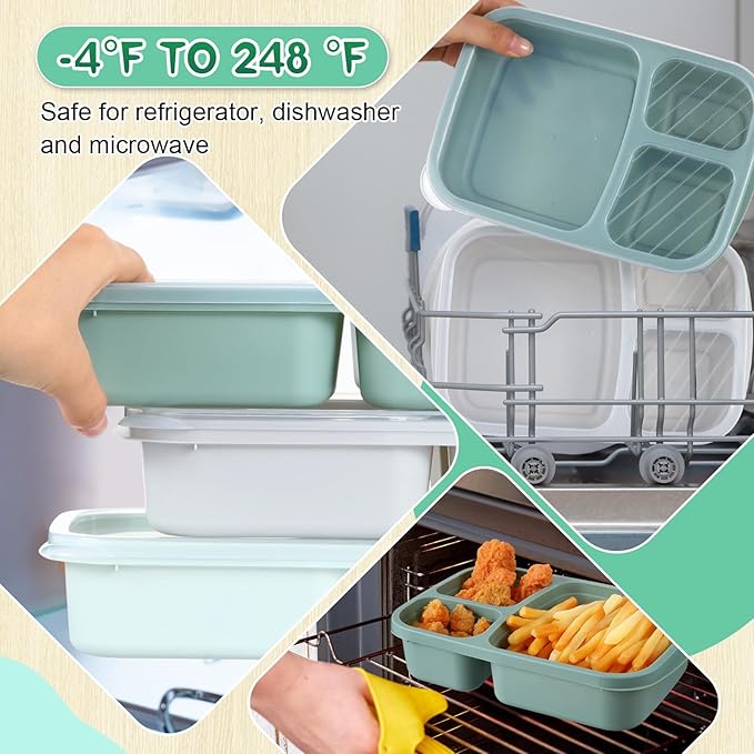 Honeydak 5 Pack Snack Containers 3 Compartment Bento Snack Boxes Divided Meal Prep Containers with Lids Reusable Adults Lunch Food Storage Box for School Work Travel(Sage Color)