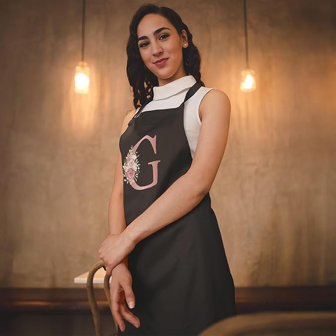 ROKO CLOTHING Personalized Initials Apron with Pockets Custom Kitchen Aprons Women for Baking Cooking Adjustable Neck Waist