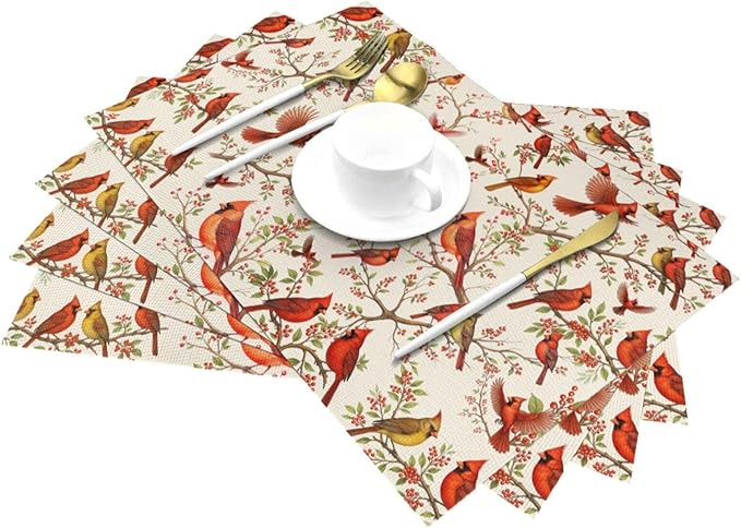 Red Cardinal Linen Placemats Set of 4, Washable Non-Slip Heat-Resistant Bird Berry Printed Table Mats for Kitchen Dining Table, Gift for Bird Lovers, Nature & Christmas Enthusiasts, Kitchen Home Decor