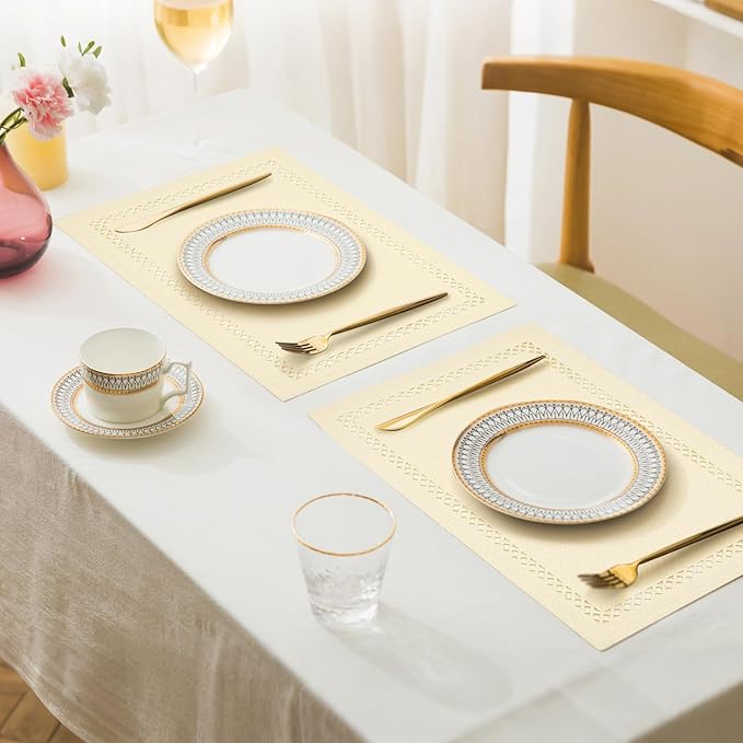 Linen Cloth Placemats Set of 4, HADEEONG 12 x 18 Inch Hollow Edge Place Mats Washable Heat Resistant Placemats Cloth Table Mats for Dining Table Home Decor (Beige, 4)