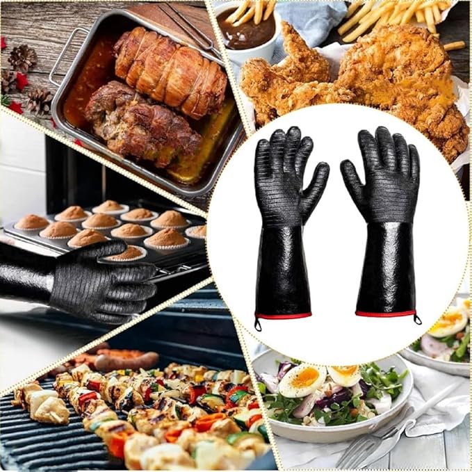 2 PCS BBQ Gloves - 1472°F Thicken Heat Gloves W/S-Hook 14 in Kitchen Oven Mitts Black Neoprene Waterproof Grill Gloves
