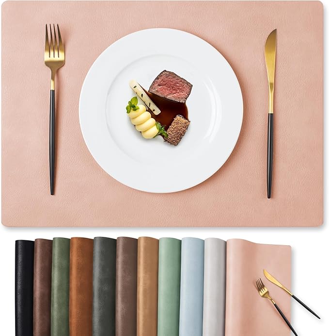 MOSAYT Vinyl Placemats Set of 4-12 X 17 Inch - Faux Leather 100% Waterproof Oil-Proof Wipeable PU Place Mats, Heat Resistant Reversible Table Mats for Kitchen, Dining, Outdoor (Pink)