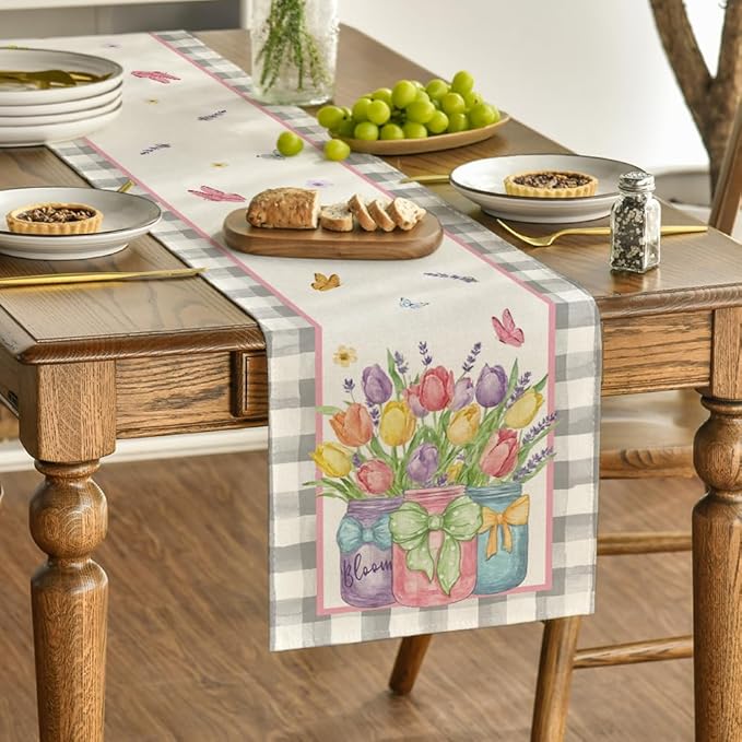 Artoid Mode Buffalo Plaid Vase Lavender Tulip Spring Table Runner, Seasonal Kitchen Dining Table Decoration for Home Party Decor 13x48 Inch
