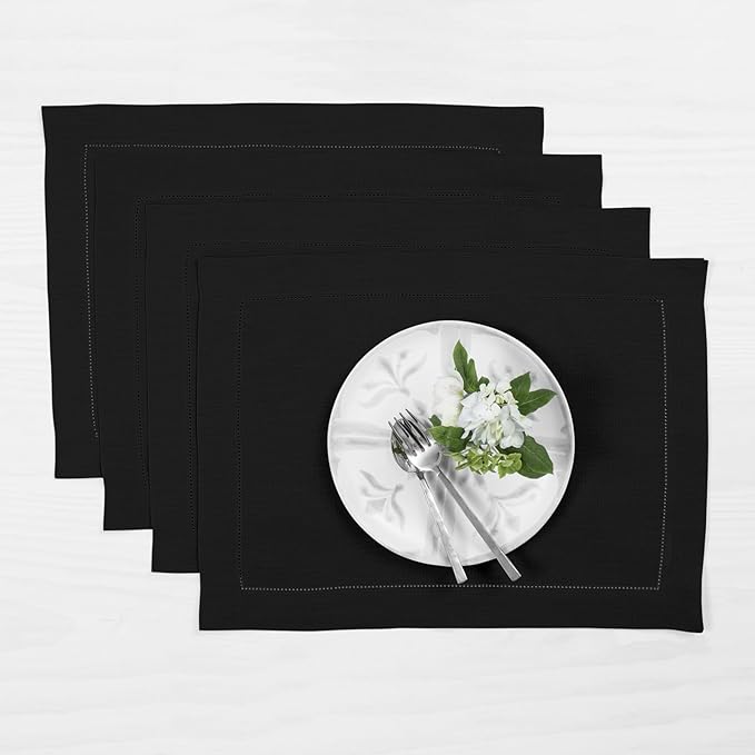 Solino Home Linen Placemats Set of 4 - Classic Hemstitch Black Placemats 14 x 19 Inch - 100% Pure Linen Table Mats for Spring, Summer, Mothers Day