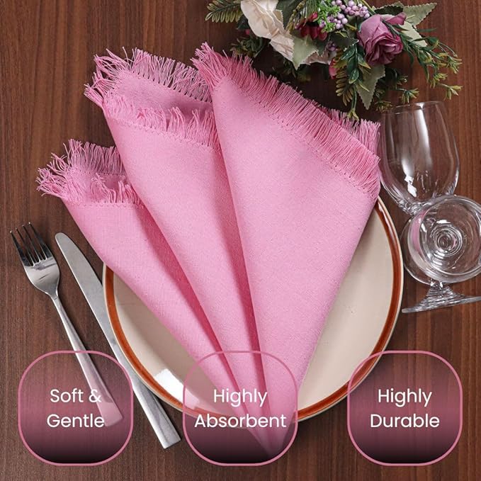 Cloth Dinner Napkins Fringes 100% Cotton Set of 6 - Perfect for Dining Special Occasions Wedding Holidays Christmas - Soft Durable Washable - Elegant 20x20 Inch Cloth Napkins Baby Pink