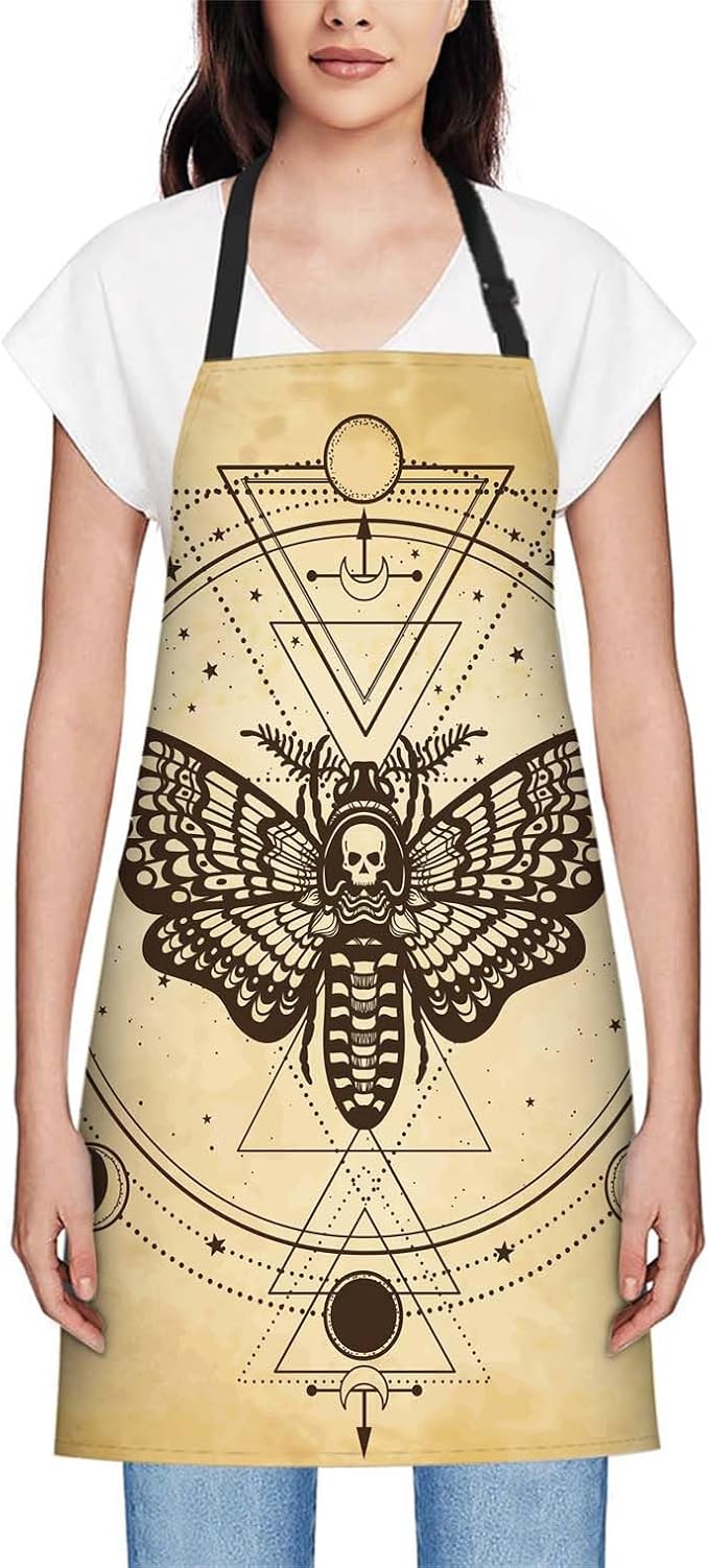 oFloral Mystical Butterfly Moth Dead Head Moon Wings Vintage Apron Adjustable Apron Cooking Kitchen Chef Women Men Aprons for Home Kitchen, Restaurant, Coffee House, Baking Gardening BBQ