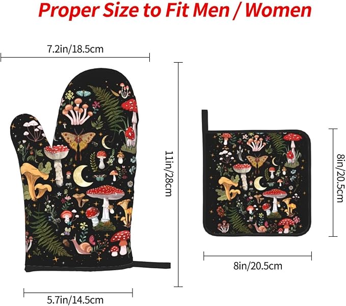 Mushroom Oven Mitts and Pot Holders Sets, Heat Resistant Black Hot Pads Witchy Oven Gloves for Cooking Grilling Baking Kitchen Decor Aesthetic, Witchy Gifts for Women,Mushroom Gifts for Women