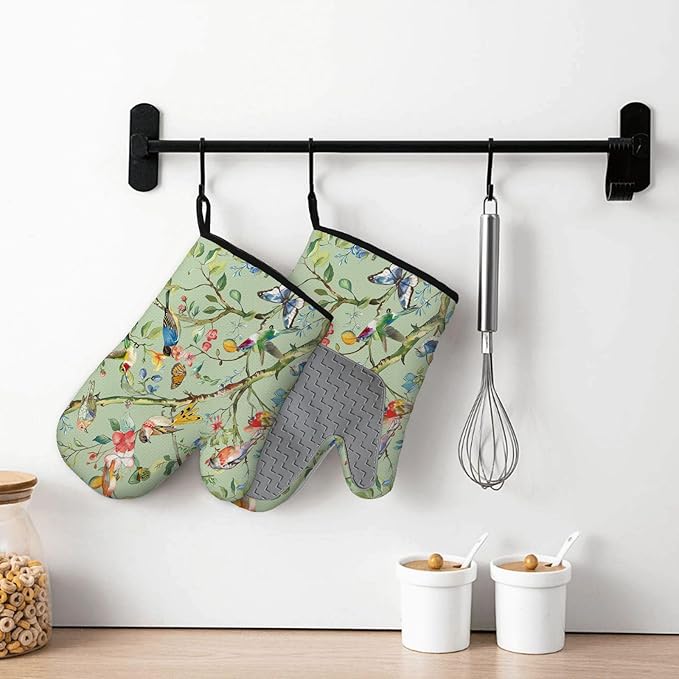 Bird Oven Mitts and Pot Holders Sets 3PCS, Floral Botanical Print Silicone Oven Mitts Birthday for Bird Lover Garden Kitchen, Song Birds Heat Resistant Non-Slip Oven Gloves for Mom Wife Sister BFF