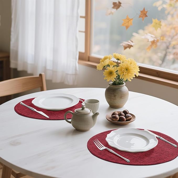 homing 15 Inch Round Cloth Placemats Set of 4, Cotton Linen Blend Washable Table Mats, Farmhouse Dining Place Mats for Indoors & Outdoors, Easy to Clean, Red