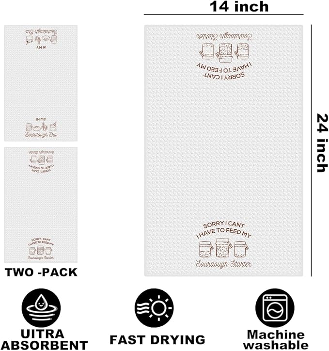 2 Pcs Funny Sourdough Baking Kitchen Towels 24x14 Inch, Gifts for Sourdough Bakers Reusable Dish Towels for Kitchen Decor, Baking Lover Gift Waffle Weave Hand Towel, Baker Gifts for Women Mom Friend