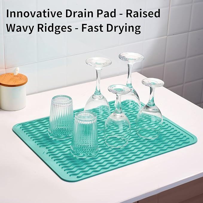 ZLR Silicone Dish Drying Mat & Heat Resistant Trivet (12" x 16") - Waterproof Counter Protector for Air Fryer, Coffee Maker - Non-Slip, BPA Free Kitchen Pad, Easy Clean Dishwasher Safe (Mint Green)