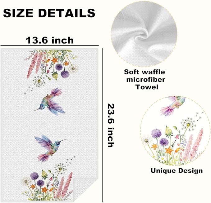 2 Pcs Hummingbird Kitchen Towels, Floral Decorative Absorbent Microfiber Dish Cloth Tea Towel, Waffle Soft Towels, Hummingbird Gifts for women Spring Party Holiday Supply Bathroom Housewarming