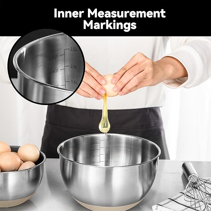 KITEISCAT Stainless Steel Mixing Bowls with Lids – Set of 5 Large Nesting Metal Bowls for Kitchen, Baking, Cooking, Food Prep & Storage, Non-Slip Base, Dishwasher Safe,Khaki