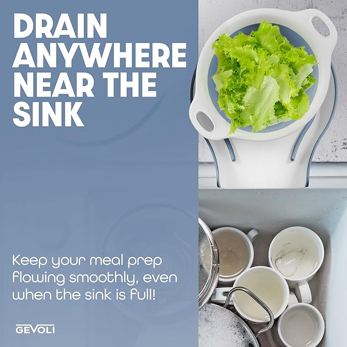 Gevoli Collapsible Colanders (3 Pack Set) Food Strainers with Over-Sink Water Draining Base for Pasta Fruits and Vegetables, White/Blue (3 Sizes, 3QT, 4QT and 5 Quart)