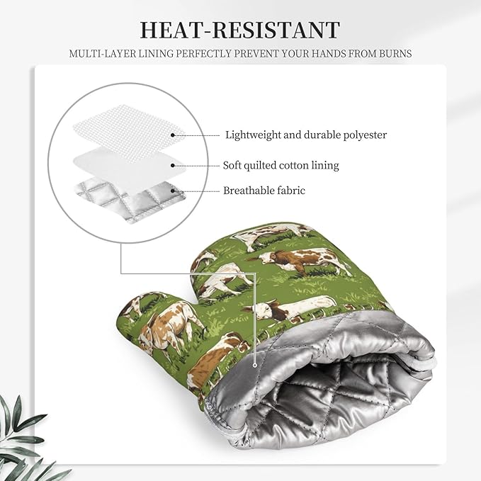 Farm Cow Silicone Oven Mitts Set of 2, Heat Resistant up to 500°F, Kitchen Oven Gloves with Non-Slip Grip and Soft Cotton Lining for Baking, Cooking and BBQ